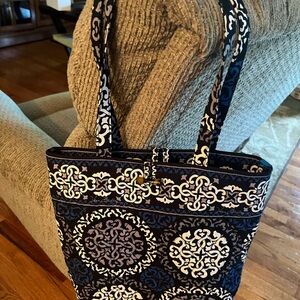 Vera Bradley Black and White Quilted Tote Bag with Medallion Pattern